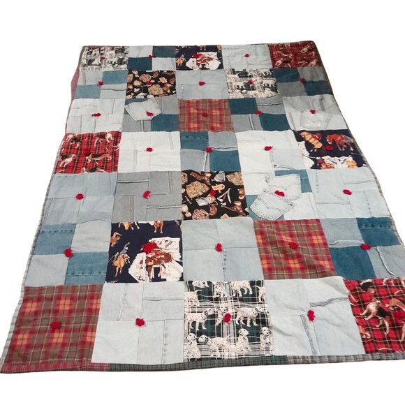 Handmade 24.5" x 52.5" Cabincore Cowboy Western Denim Hunting Dogs Cozy Quilt - Picture 1 of 12